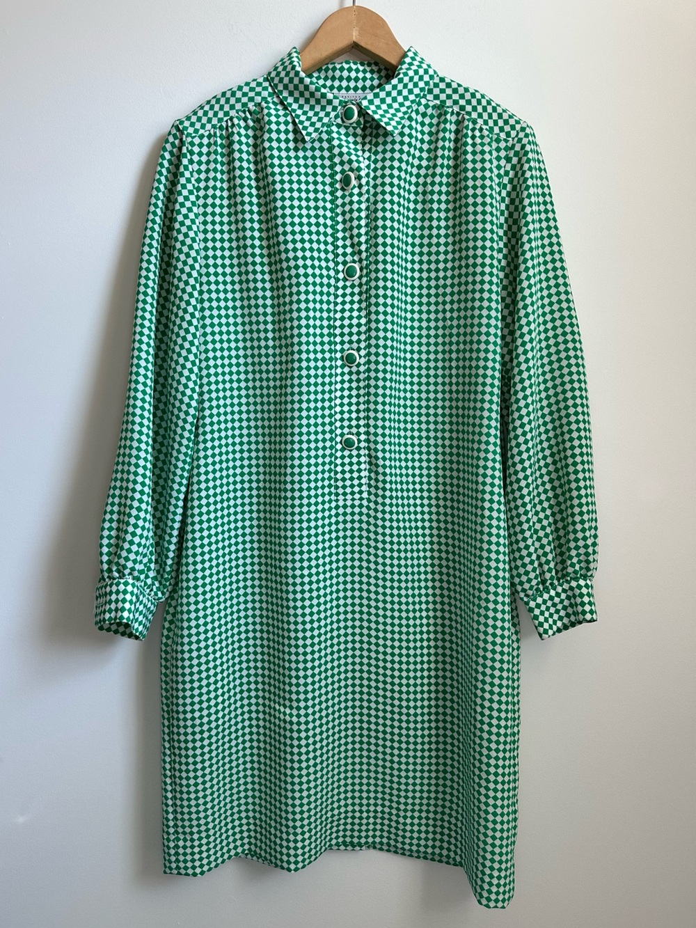 Vintage 70s Brownstone Studio Mod Shirt Dress Green Check Pockets Petite 12